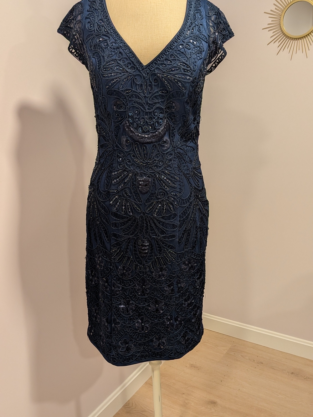 Sue Wong Navy Beaded V-Neck Midi Dress | Luxury Elevated Party Fit